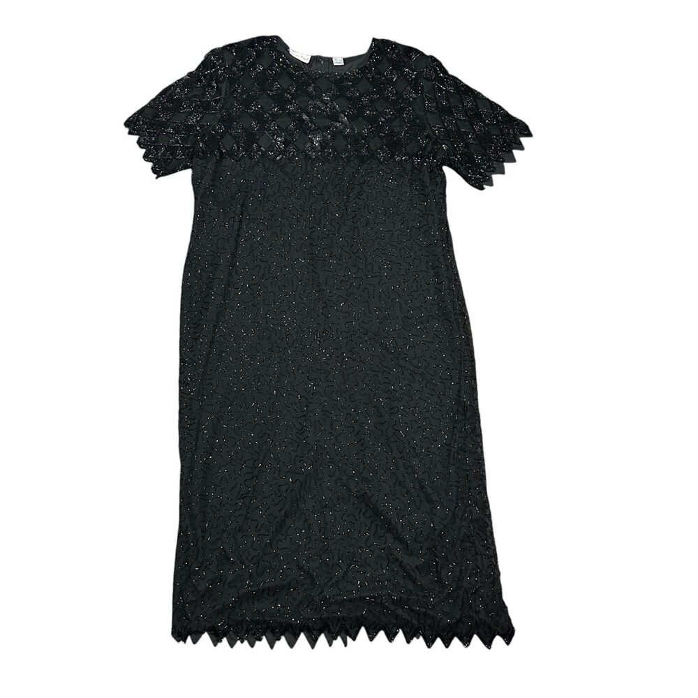 Laurence Kazar Black Beaded Silk Evening Gown Maxi Dress Plus Size 3X Vintage‎